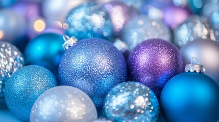 Canvas Print - Colorful Glittery Christmas Ornaments in Shades of Blue, Purple, and Silver Collected in a Festive Arrangement for Holiday Decorations