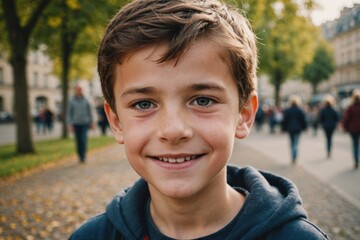 Wall Mural - Close portrait of a smiling French male kid looking at the camera, French outdoors blurred background