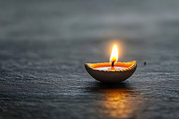 Poster - A solitary diya with a glowing flame, set against a blank grey canvas, focusing on the purity of the light