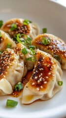 Wall Mural - Korean style pan fried vegan dumplings with red chilli oil sauce served on a white plate for a delicious meal experience