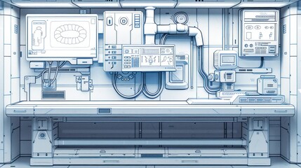 Futuristic white control panel room interior.