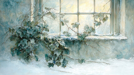 Wall Mural -  A winter scene portrays a window with snow on its sill and ivy climbing its side