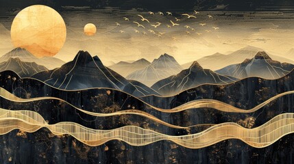 abstract gold and black mountain landscape with flying birds and celestial bodies.