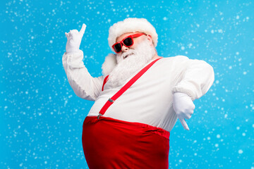 Wall Mural - photo of old man grey beard dance direct fingers raise hand wear santa claus x-mas costume cap headw