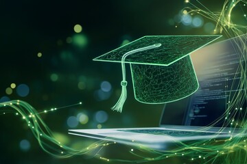 Digital graduation cap made of green glowing lines hovering above a laptop with programming code on the screen. Futuristic concept of online learning and technology in education