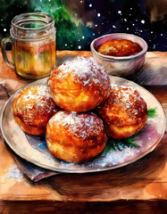 Wall Mural - A plate of golden-brown donuts dusted with powdered sugar, ready to be enjoyed