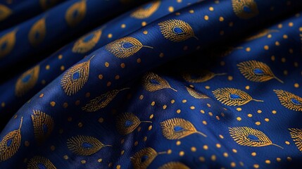 Wall Mural -   Blue and gold cloth with golden dots and peacock pattern on dark blue background