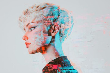 Sticker - Profile of a young woman with short hair, featuring a unique double exposure effect that blends her portrait with vibrant abstract colors.