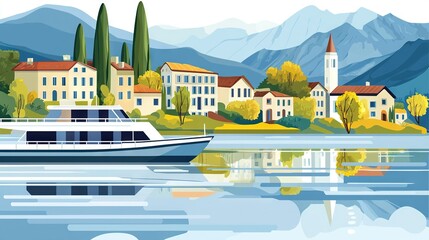 Wall Mural -   A lush green hillside covers trees and mountains, while a boat floats above a body of water nearby