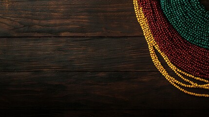 Wall Mural -   A zoomed-in photo of a colorful beaded necklace resting on a wooden background, offering room for inscription or insertion of additional imagery