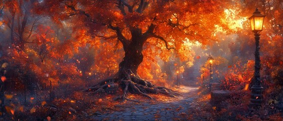 Wall Mural - beautiful autumn scene with a tree in the foreground and a bench in the background