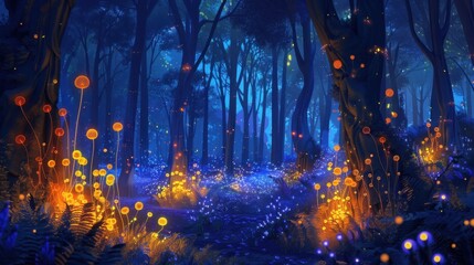 Wall Mural - a surreal dreamlike forest at night with luminous plants and strange glowing creatures hiding a the 