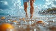 ©  Dreamy Shots - Man running through ocean waves during sunset, splashing water, fitness activity, tropical beach, vibrant golden light, healthy lifestyle, outdoor exercise, energetic and refreshing scene