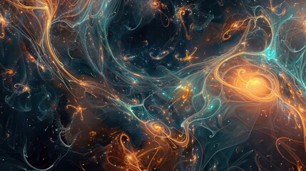 Wall Mural - an intricate network of glowing threads forming abstract shapes that seem to pulse with an otherworl