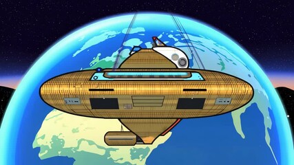 Wall Mural - a spaceship is flying over the earth. the spaceship is yellow and has a blue stripe