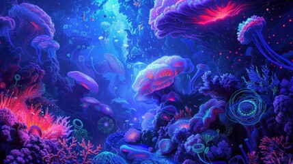 Wall Mural - an underwater world full of bioluminescent creatures glowing coral reefs and swirling fluorescent cu