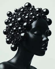 Canvas Print - Artistic portrait of a dark-skinned woman with a unique hairstyle featuring black spherical beads, showcasing creativity and fashion in a minimalist setting.