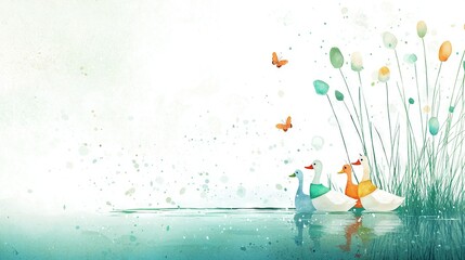 Wall Mural -   A few ducks glide atop a tranquil lake beside tall, grassy shoreline; a butterfly gracefully flies above