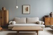 © TrendySpaces - Minimalist, modern japandi interior in living room with sofa and wood cabinet. Generative AI