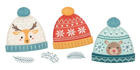 set winter knitted hats on white background