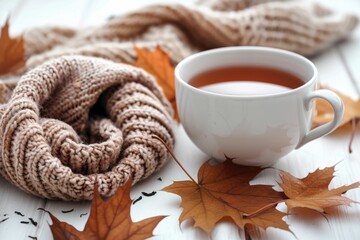 Wall Mural - There is a cup of tea on the table  and around it there are dry leaves and a warm scarf.