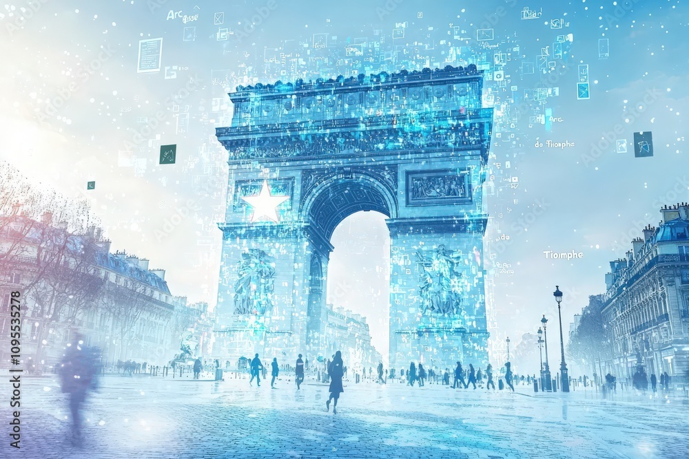 A stunning visual representation features the Arc de Triomphe surrounded by digital and glowing elements.