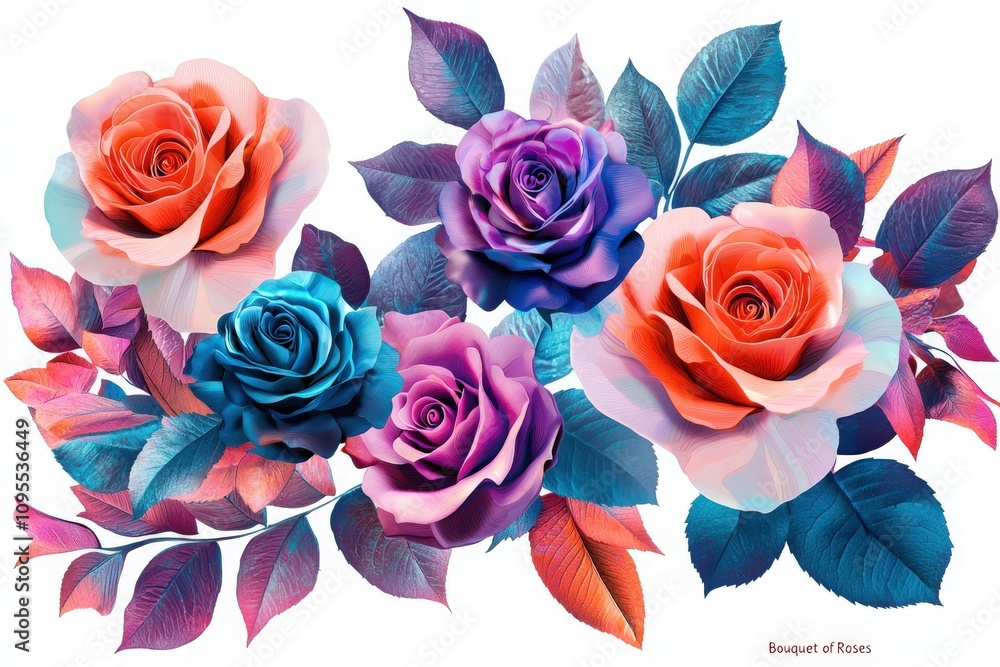 Brightly colored roses in shades of pink, purple, and blue are arranged with lush green leaves. The flowers create a striking visual display, showcasing natural beauty and artistic design.