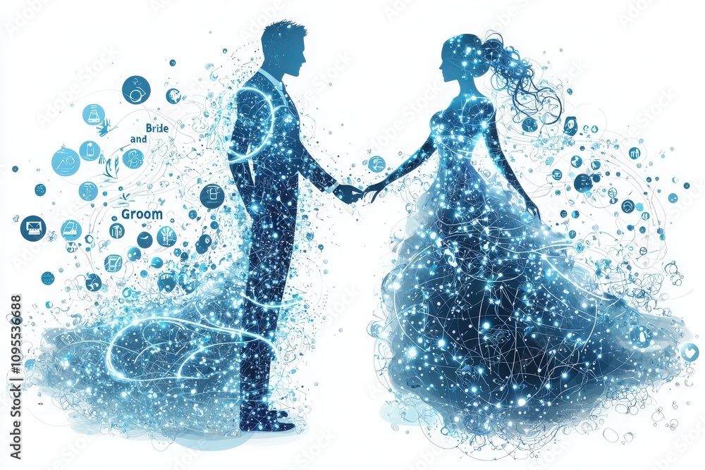 Two silhouettes stand hand in hand, embodying romance and unity. Their ethereal forms are adorned with shimmering stars and constellations, symbolizing loves magic.