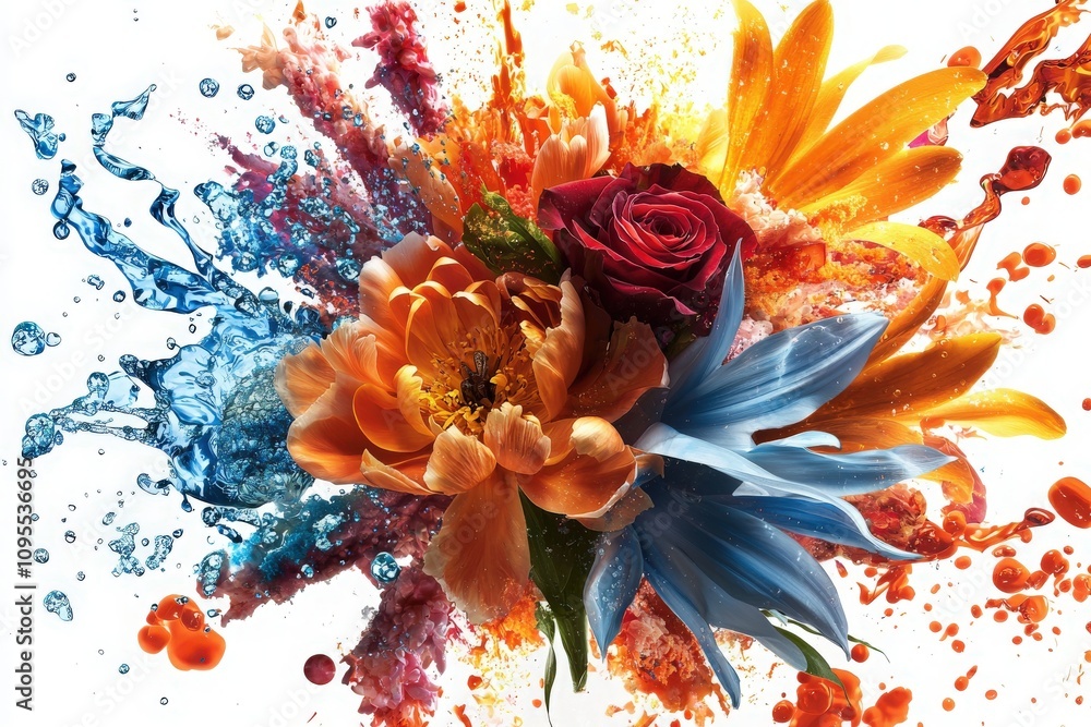 A captivating arrangement of colorful flowers is combined with splashes of water and paint, creating an abstract and dynamic visual effect.