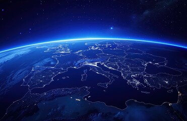 Wall Mural - a night view of earth from space, showcasing the bright lights of a continent. ai.