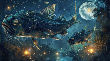 Wall Mural - Two fish swim through a night sky filled with stars and fireflies. AI.