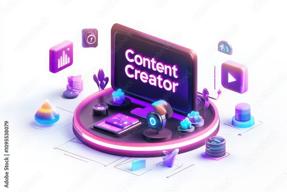 A vibrant digital workspace is displayed with a computer screen highlighting content creation.