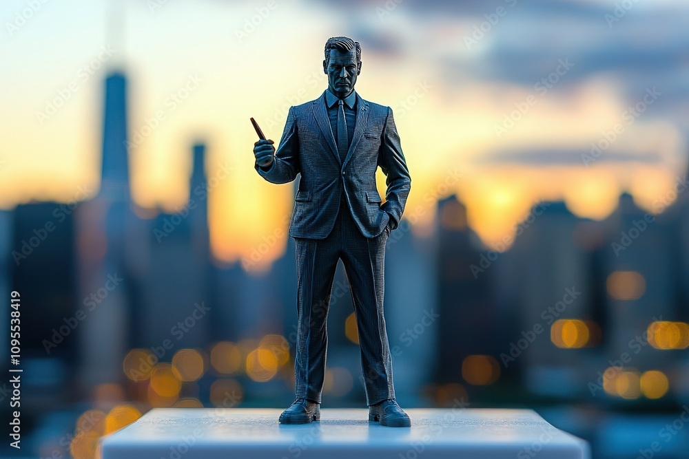 A detailed sculpture of a businessman holding a pen stands prominently against a blurred city skyline. The colors of the sunset create a dramatic backdrop, enhancing the figures significance.