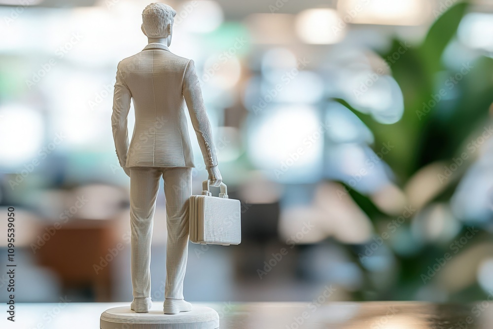 A detailed figurine of a businessman in a suit holds a suitcase while standing in a modern office. The background features soft lighting and greenery, creating a professional atmosphere.