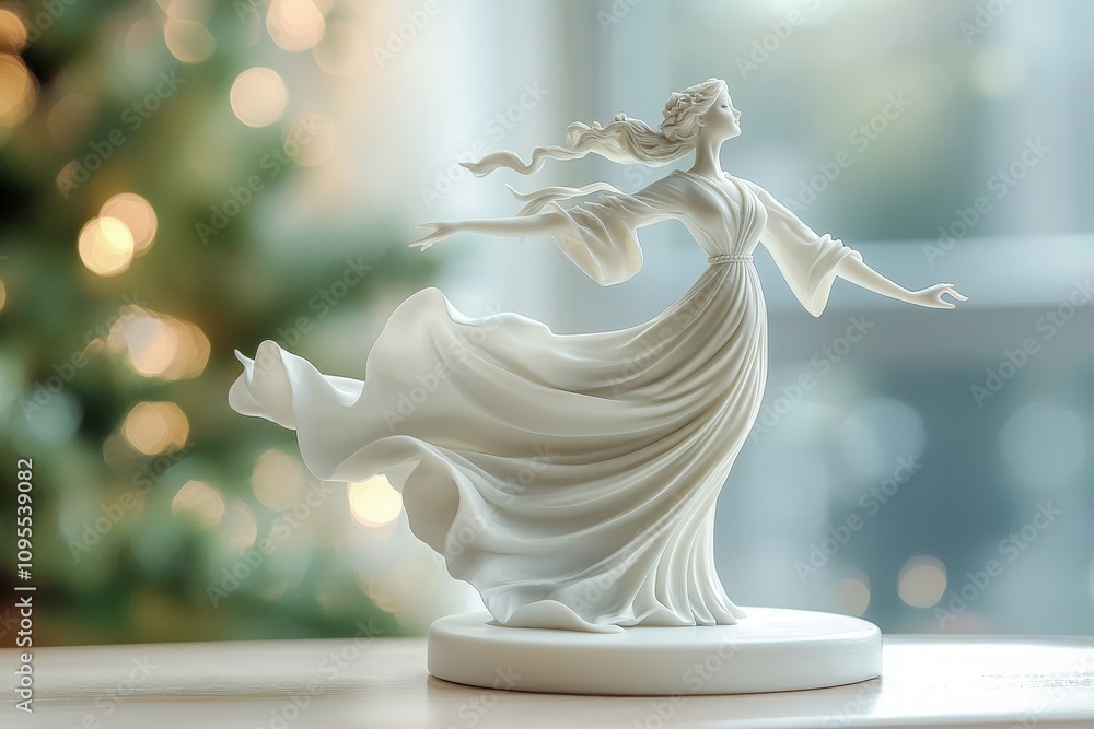 A delicate white sculpture depicts a woman in mid-dance with flowing hair and a flowing dress. The background features softly glowing lights, creating a serene atmosphere.