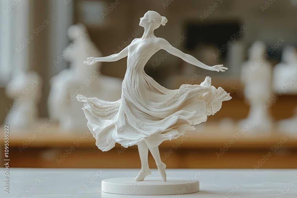A graceful sculpture of a woman in mid-dance captivates viewers with its flowing dress and delicate details. Set in a well-lit art studio among other artistic creations.