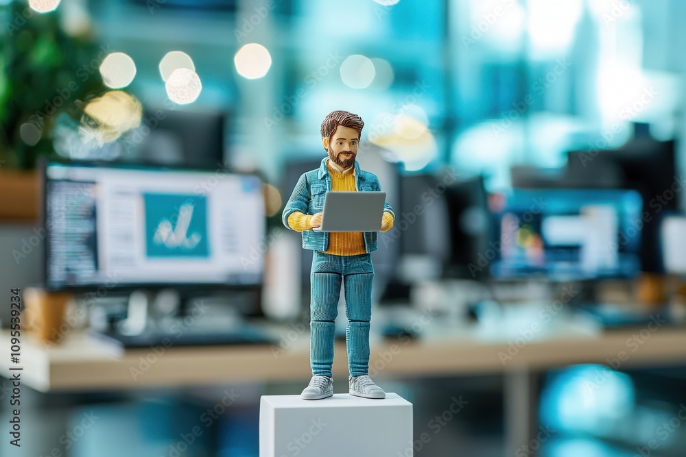 A detailed figurine of a young man stands on a pedestal, holding a laptop, in a bright and contemporary office with computer screens in the background.