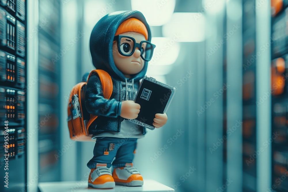 A toy figure stands in a futuristic server room, surrounded by rows of servers. The character, wearing glasses and a backpack, holds a notebook, representing a blend of technology and imagination.