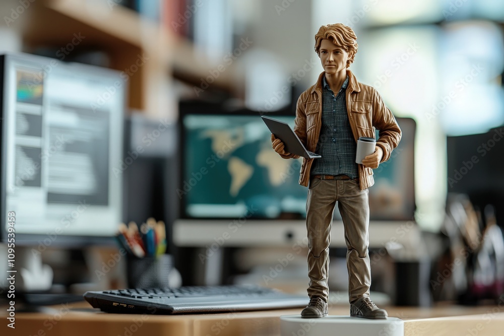 A young man figurine stands confidently in a modern workspace, holding a tablet in one hand and a coffee cup in the other. The background features multiple computer monitors in an office setting.