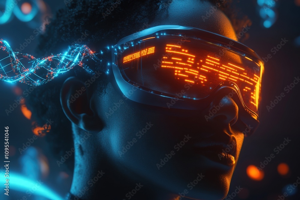 A person wears advanced virtual reality glasses that display vibrant neon graphics. The high-tech background features glowing patterns and digital elements, creating an immersive atmosphere.