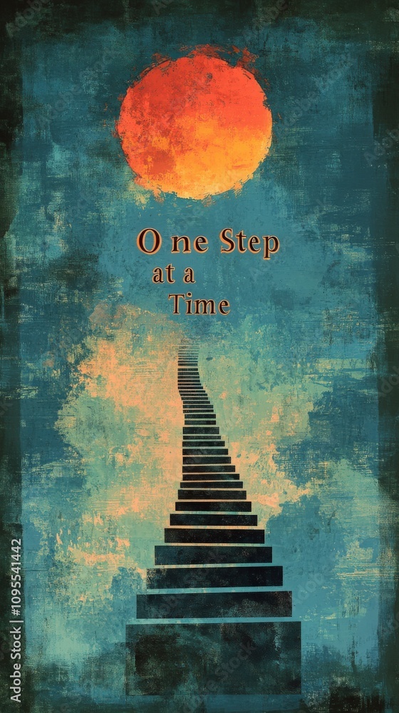 A winding staircase leads towards a bright orange sun against a blue sky, symbolizing hope and perseverance. The serene scene encourages viewers to take their journey one step at a time.
