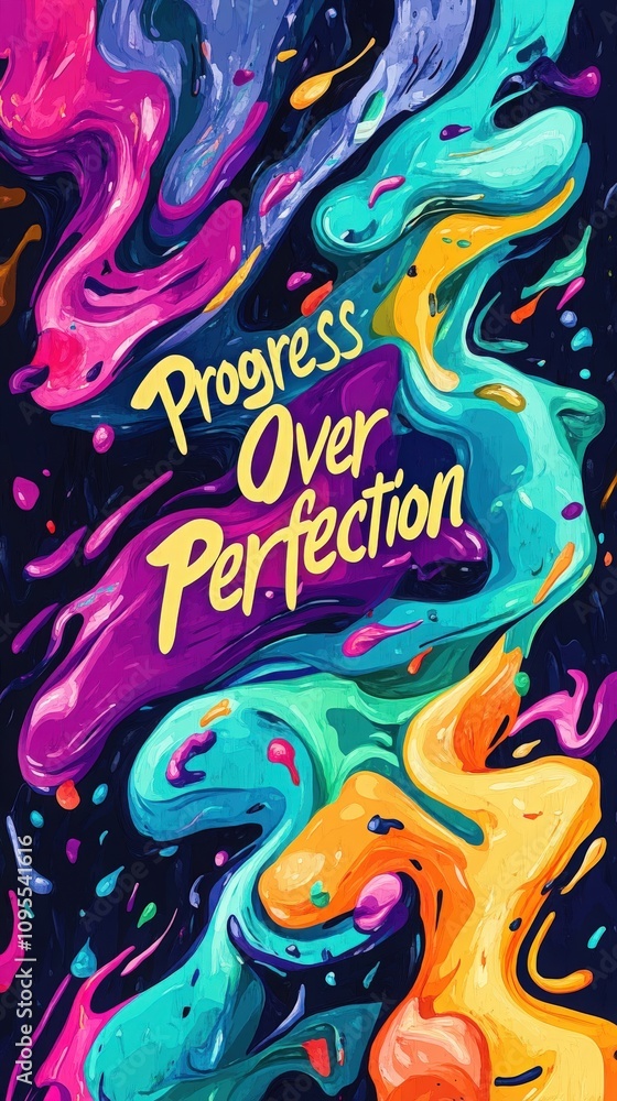 A colorful abstract design showcases the phrase Progress Over Perfection. The art features swirling shapes and bright hues, creating an uplifting visual message about personal growth and creativity.