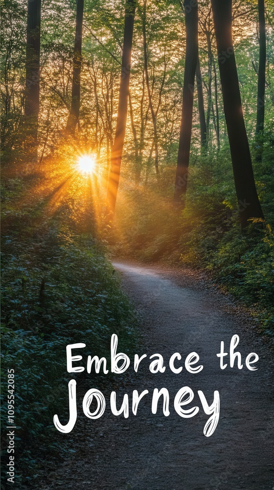 A winding path through a lush forest glows with warm sunlight as the day begins. Tall trees frame the scene, creating a peaceful atmosphere perfect for reflection and exploration.