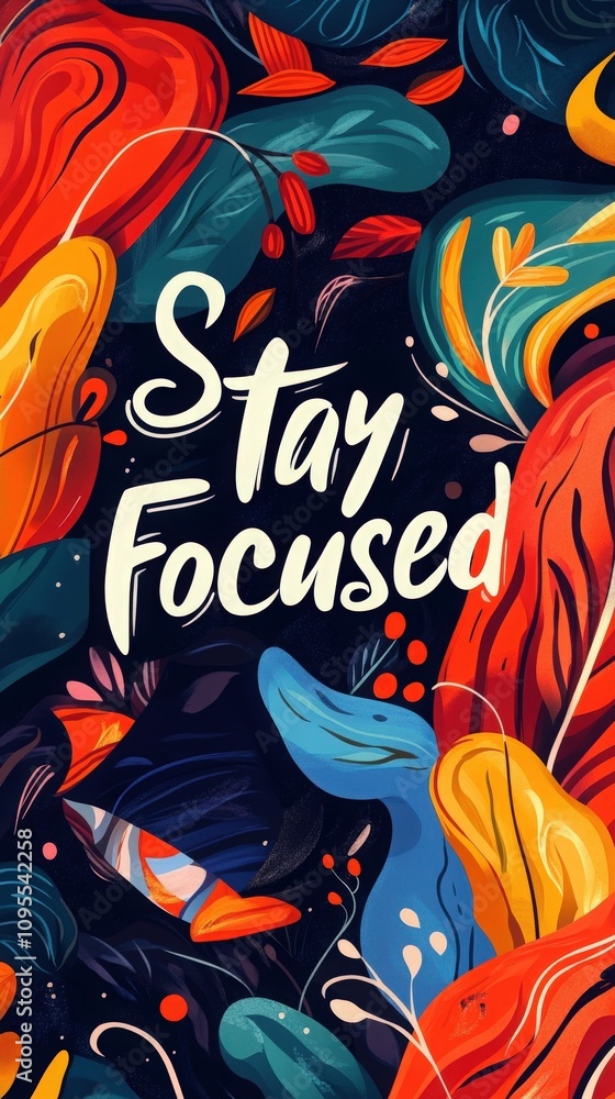 Vibrant colors and abstract shapes create an engaging backdrop for the motivational phrase Stay Focused. This artwork inspires concentration and creativity in workspaces.