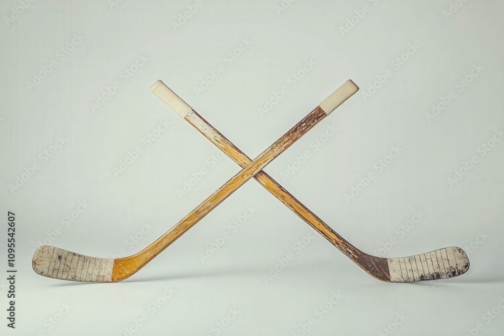Two vintage hockey sticks are crossed diagonally against a plain background, showcasing their wear and texture. The wooden sticks evoke nostalgia for the sport and its history.
