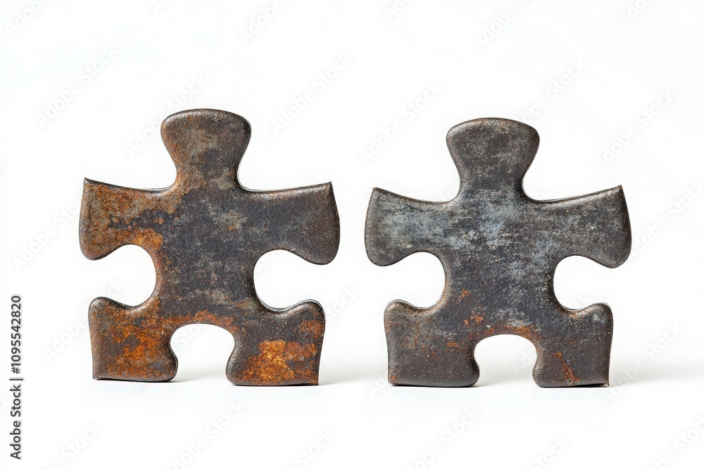 Two rusted metallic puzzle pieces sit side by side against a white backdrop, displaying weathered surfaces and unique shapes, illustrating the passage of time and the concept of connectivity.