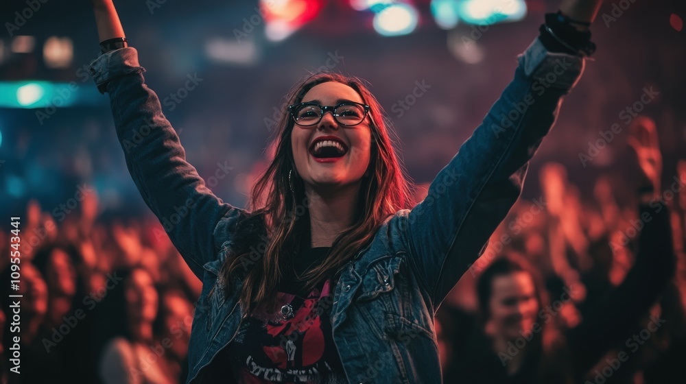 A young woman with glasses joyfully raises her arms in the air during a vibrant music festival. The crowd around her is engaged and lively, creating an energetic atmosphere.