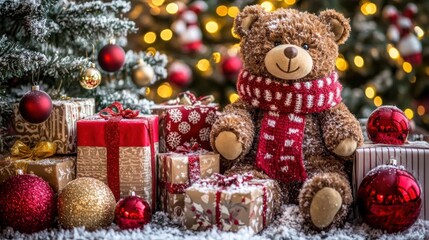 Wall Mural - A cozy holiday scene featuring a teddy bear in a scarf surrounded by colorful presents, ornaments, and a festive backdrop of twinkling lights.