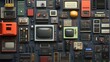 © Sampao - A Retro Collage of Vintage Electronic Devices and Antique Gadgets in Various Colors, Showcasing Technological Evolution from Past Decades