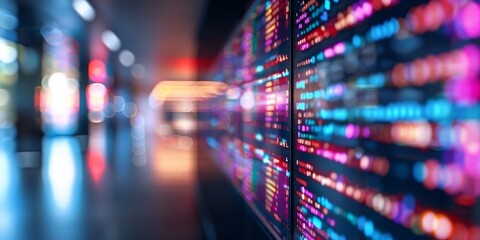 Abstract blurred city lights with colorful data streams on a large screen.